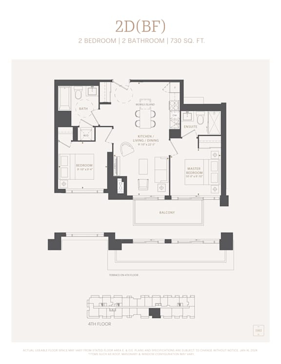 A floor plan for a 2 bedroom, 2 bathroom apartment sized at 730 square feet.